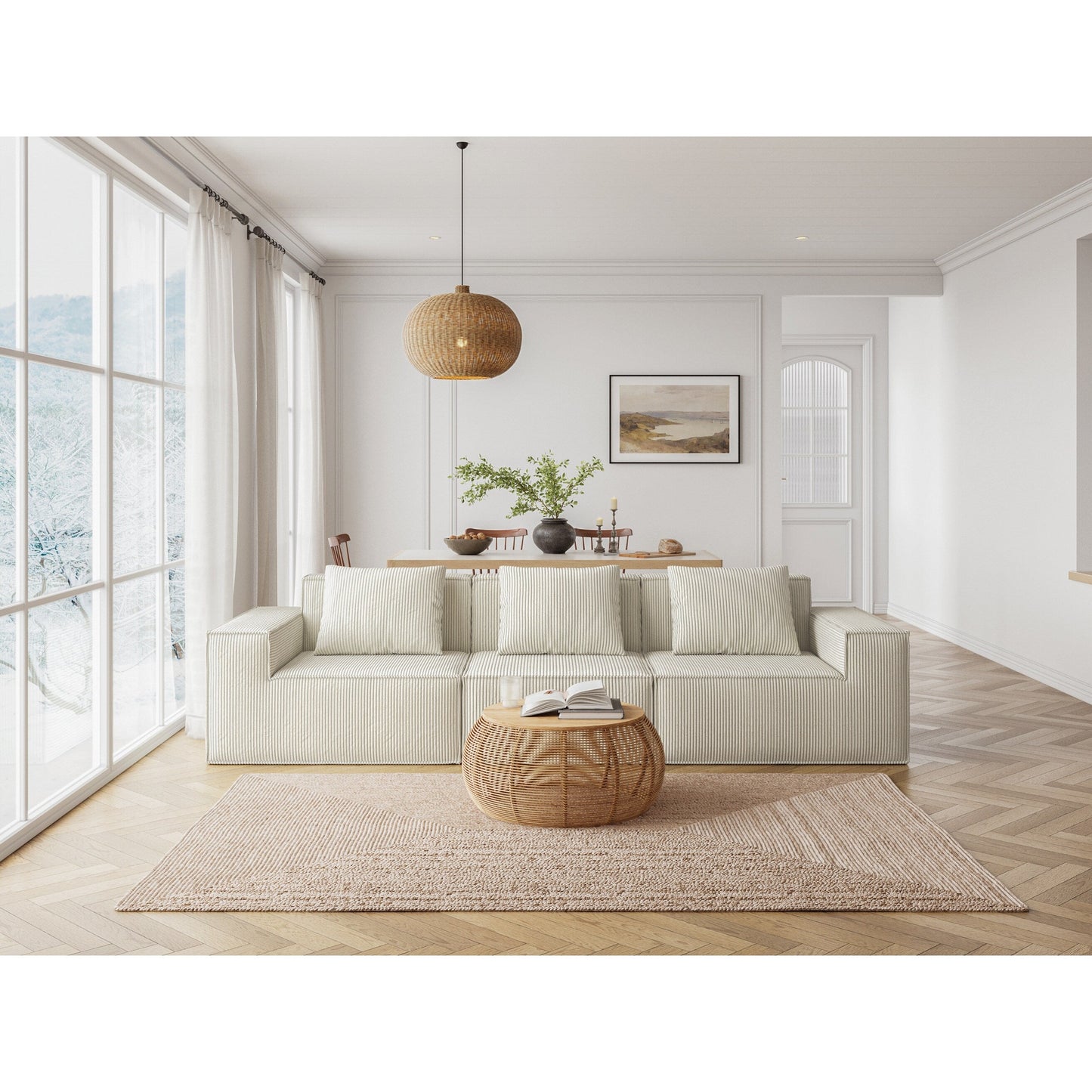 118 Inch Modular Convertible Sofa Bed 3 Seater White Corduroy Velvet
