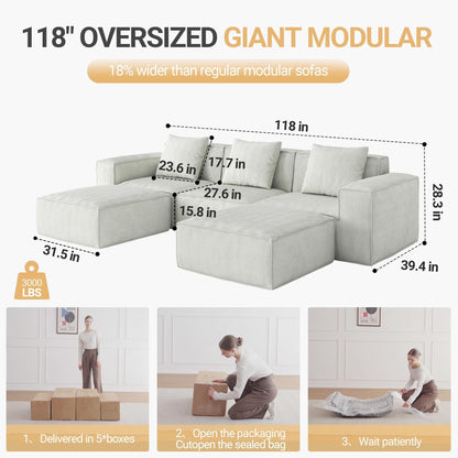 118 Inch Modular Convertible Sofa Bed 3-Seater with Footrests White Cloud Velvet