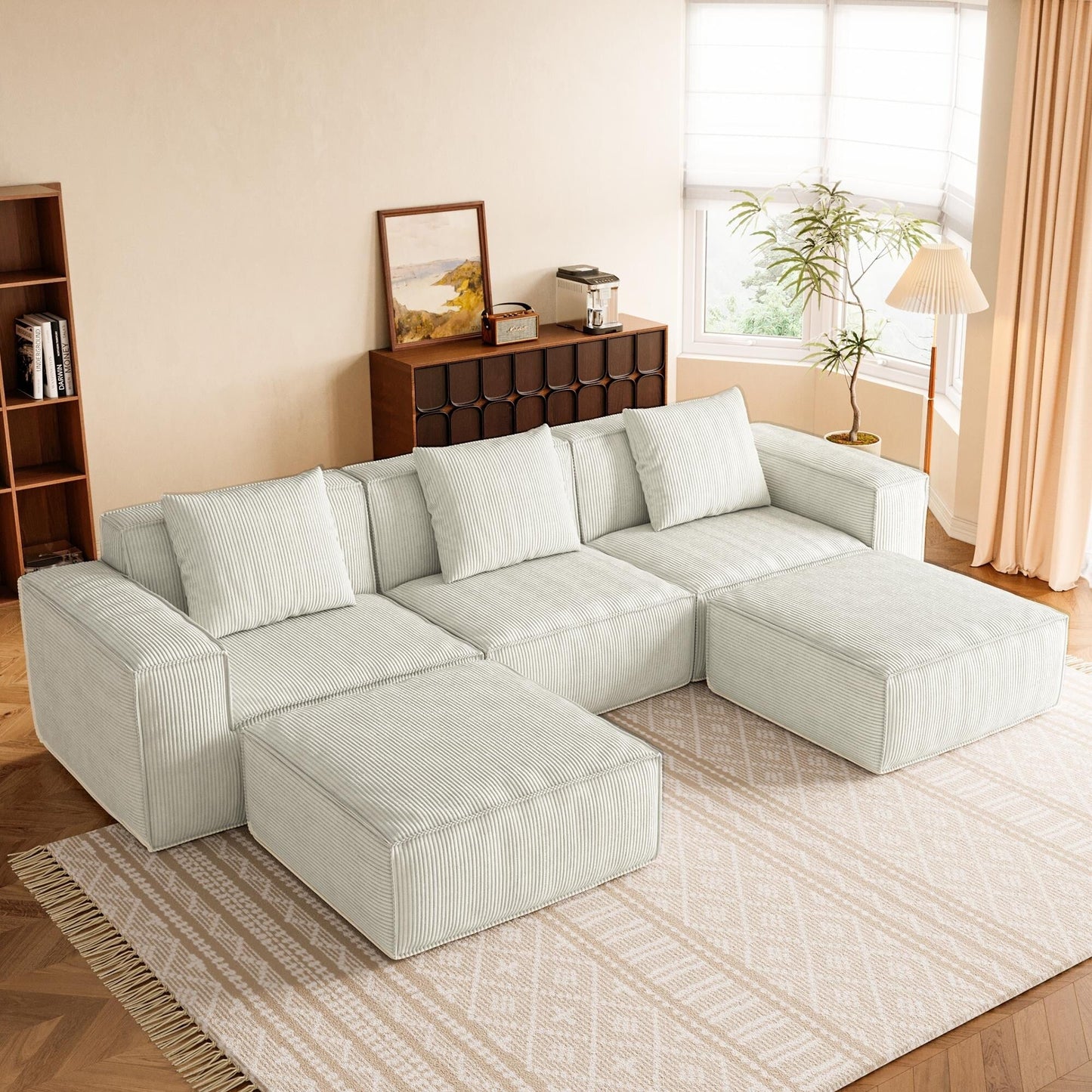 118 Inch Modular Convertible Sofa Bed 3-Seater with Footrests White Cloud Velvet