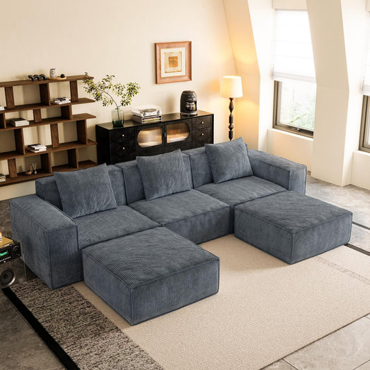 118 Inch Modular Sofa Bed Convertible to 3-Seater with Footrests Gray Corduroy Velvet