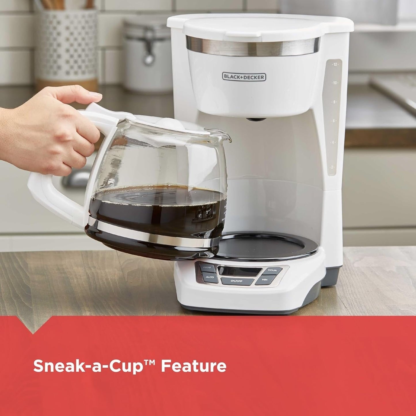 Digitale Kaffeemaschine für 12 Tassen, programmierbar, waschbarer Filter, Sneak-A-Cup, automatisches Brühen, Warmhalteplatte, weiß