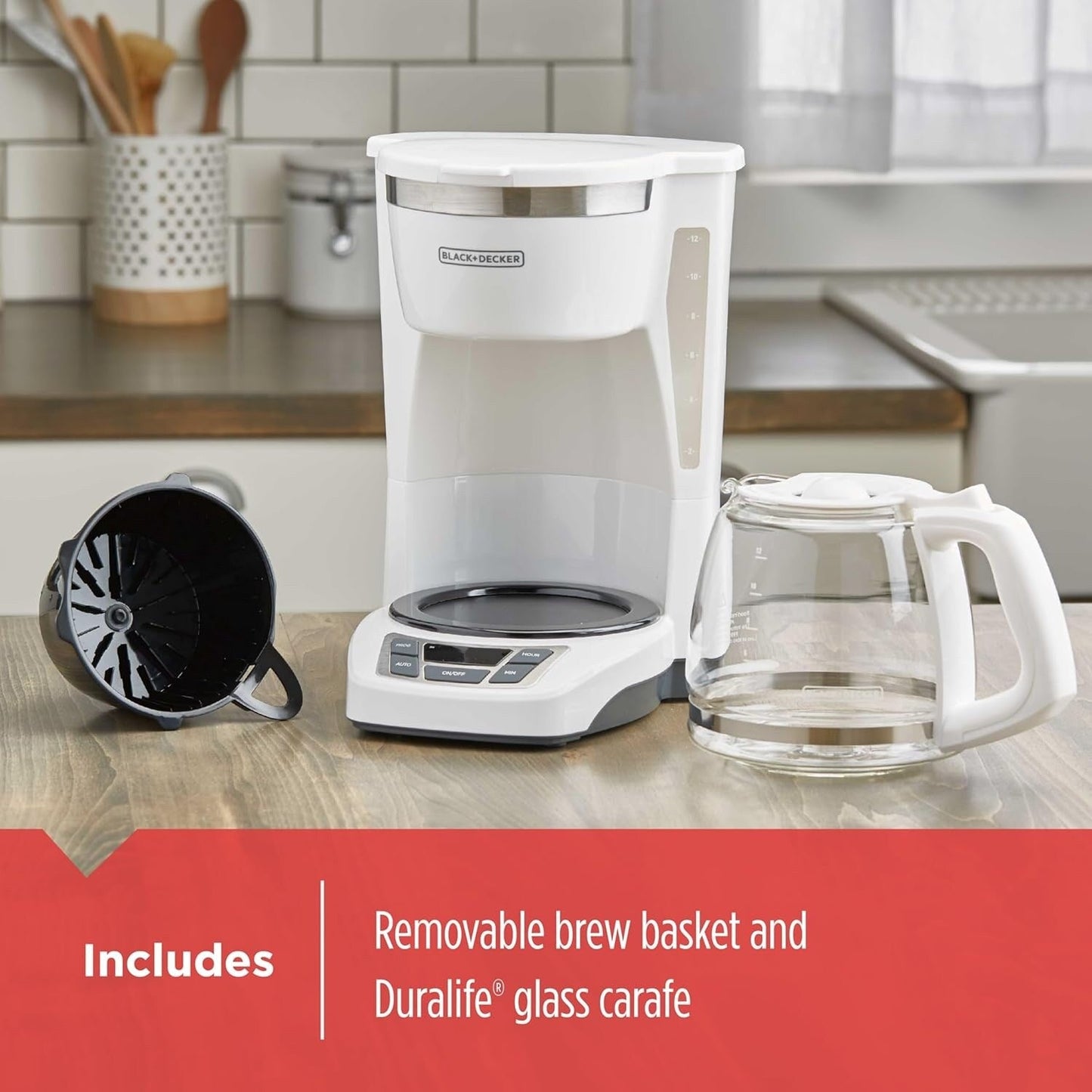 Digitale Kaffeemaschine für 12 Tassen, programmierbar, waschbarer Filter, Sneak-A-Cup, automatisches Brühen, Warmhalteplatte, weiß