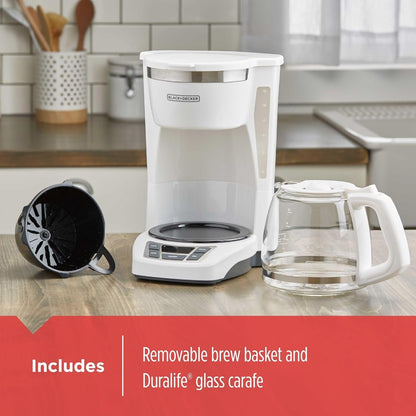 Digitale Kaffeemaschine für 12 Tassen, programmierbar, waschbarer Filter, Sneak-A-Cup, automatisches Brühen, Warmhalteplatte, weiß