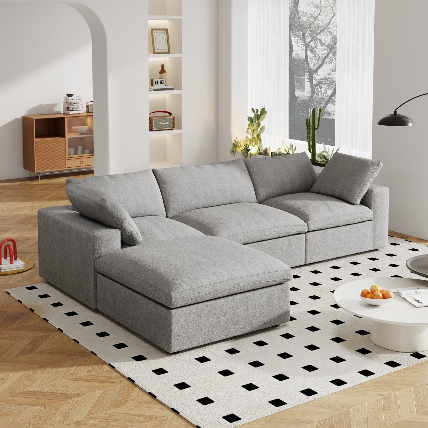 120 L-shaped Modern Sectional Sofa Linen Modular Sofa Couch with Storage Ottoman