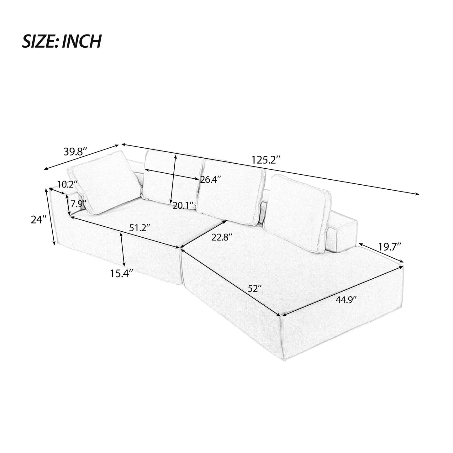 125 Stilvolle Chaiselongue, modernes Lounge-Sofa für den Innenbereich, Schlafsofa mit klaren Linien für das Wohnzimmer, Beige