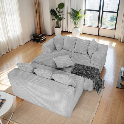130 4-Seater Reversible Modular U-Shaped Sofa in Gray Striped Corduroy – Customizable Layout for Living & Bedrooms
