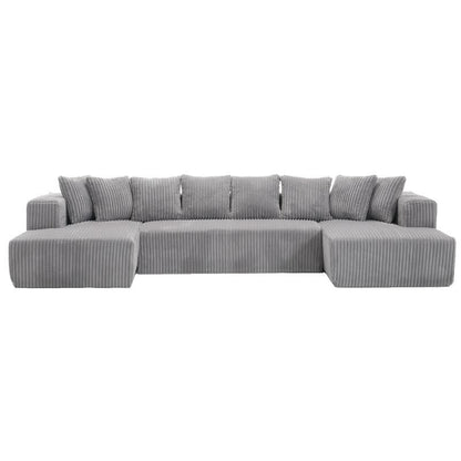 130 4-Seater Reversible Modular U-Shaped Sofa in Gray Striped Corduroy – Customizable Layout for Living & Bedrooms