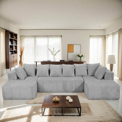 130 4-Seater Reversible Modular U-Shaped Sofa in Gray Striped Corduroy – Customizable Layout for Living & Bedrooms