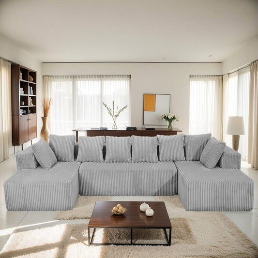 130 4-Seater Reversible Modular U-Shaped Sofa in Gray Striped Corduroy – Customizable Layout for Living & Bedrooms