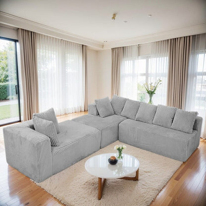 130 4-Seater Reversible Modular U-Shaped Sofa in Gray Striped Corduroy – Customizable Layout for Living & Bedrooms