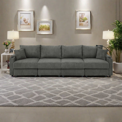 132 Corduroy 5-Seater Sofa with Cup Holders and Phone Holder,High-Density Cushions