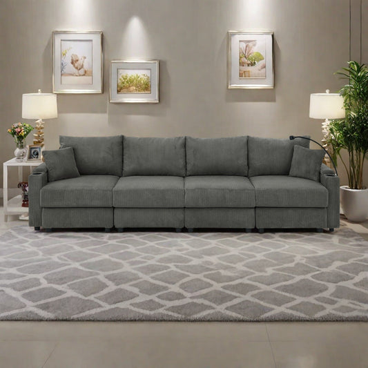 132 Corduroy 5-Seater Sofa with Cup Holders and Phone Holder,High-Density Cushions
