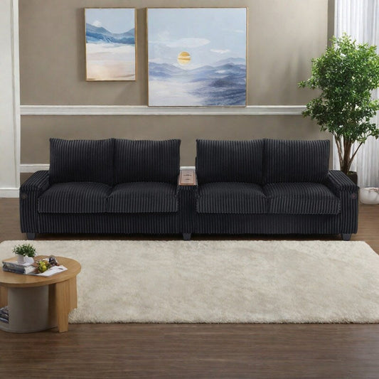 133 Corduroy 4-Seater Sofa with USB Ports, Flip-Top Cup Holders, and Hidden Storage