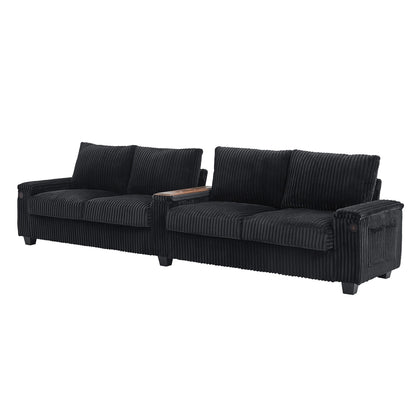 133 Corduroy 4-Seater Sofa with USB Ports, Flip-Top Cup Holders, and Hidden Storage