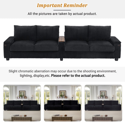 133 Corduroy 4-Seater Sofa with USB Ports, Flip-Top Cup Holders, and Hidden Storage
