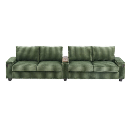 133 Corduroy 4-Seater Sofa with USB Ports, Flip-Top Cup Holders, and Hidden Storage