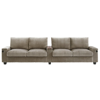 133 Corduroy 4-Seater Sofa with USB Ports, Flip-Top Cup Holders, and Hidden Storage