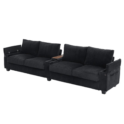 133 Corduroy 4-Seater Sofa with USB Ports, Flip-Top Cup Holders, and Hidden Storage