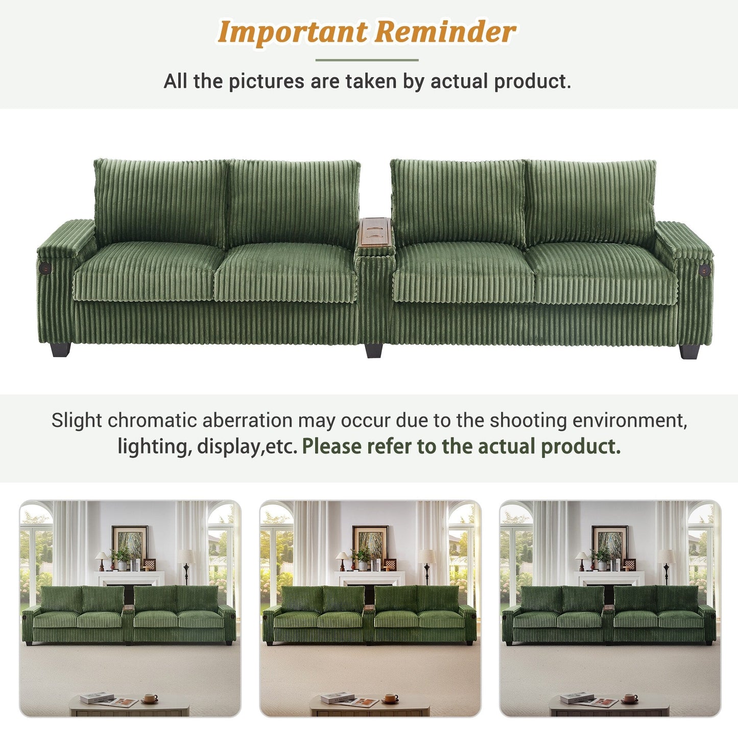 133 Corduroy 4-Seater Sofa with USB Ports, Flip-Top Cup Holders, and Hidden Storage