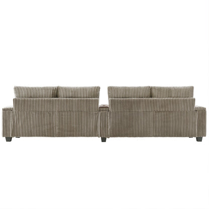 133 Corduroy 4-Seater Sofa with USB Ports, Flip-Top Cup Holders, and Hidden Storage