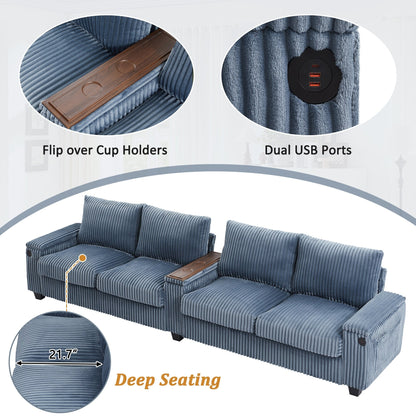 133 Corduroy 4-Seater Sofa with USB Ports, Flip-Top Cup Holders, and Hidden Storage