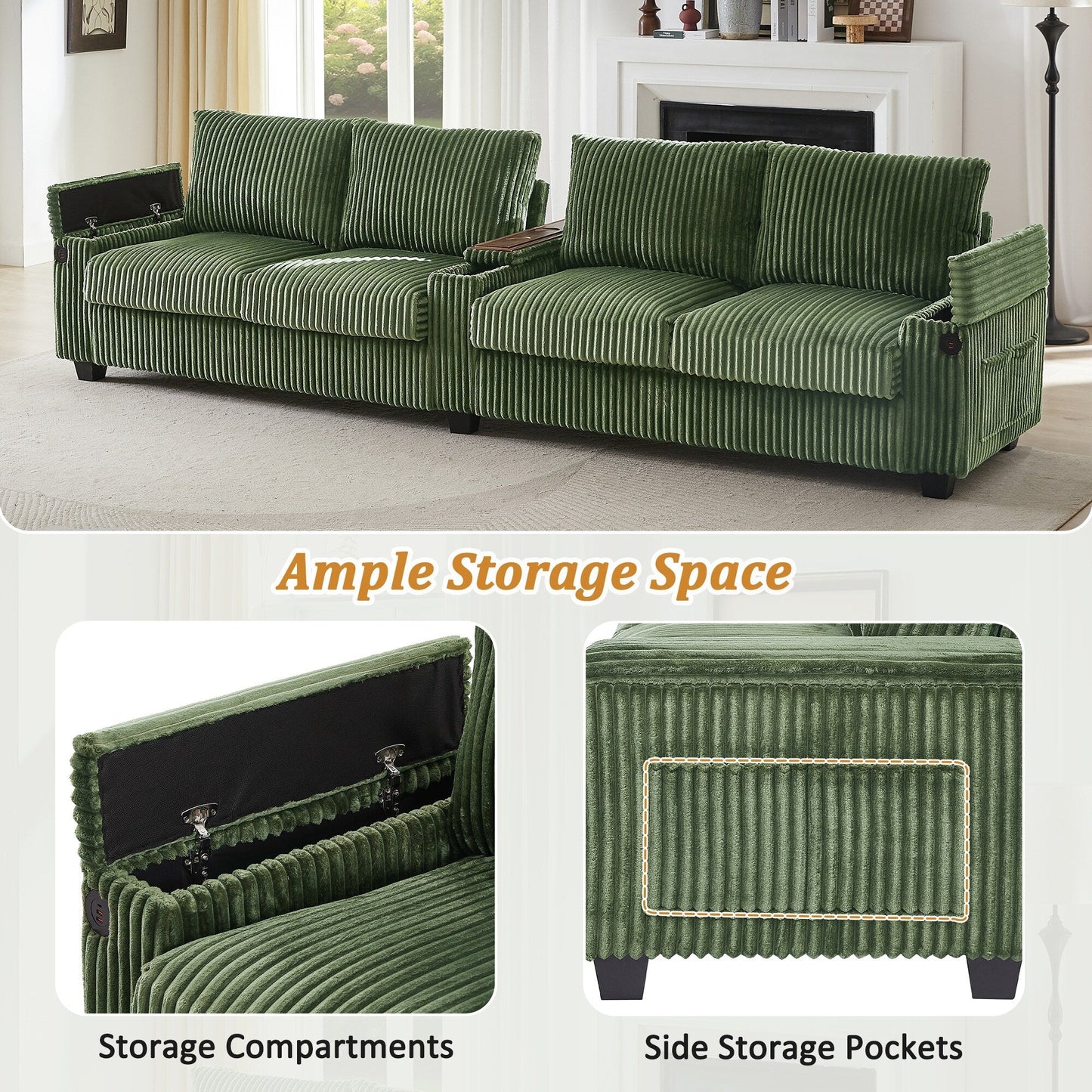 133 Corduroy 4-Seater Sofa with USB Ports, Flip-Top Cup Holders, and Hidden Storage