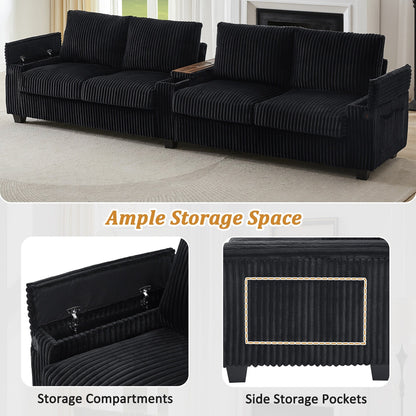 133 Corduroy 4-Seater Sofa with USB Ports, Flip-Top Cup Holders, and Hidden Storage