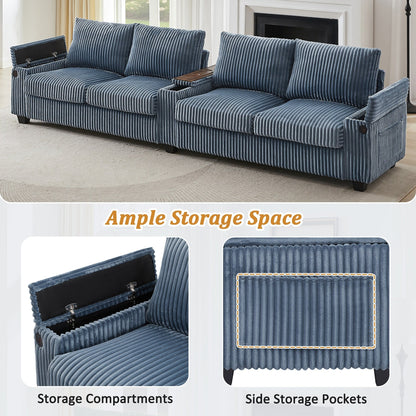 133 Corduroy 4-Seater Sofa with USB Ports, Flip-Top Cup Holders, and Hidden Storage