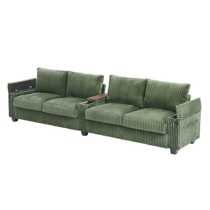 133 Corduroy 4-Seater Sofa with USB Ports, Flip-Top Cup Holders, and Hidden Storage