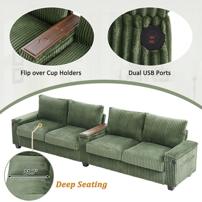 133 Corduroy 4-Seater Sofa with USB Ports, Flip-Top Cup Holders, and Hidden Storage