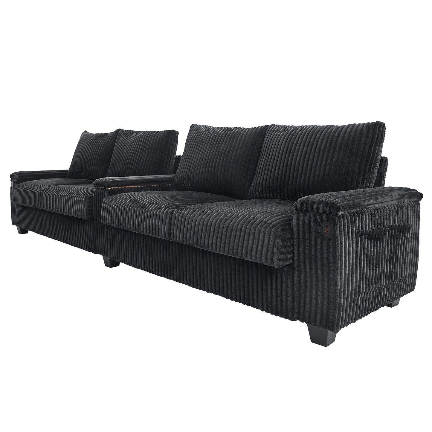 133 Corduroy 4-Seater Sofa with USB Ports, Flip-Top Cup Holders, and Hidden Storage