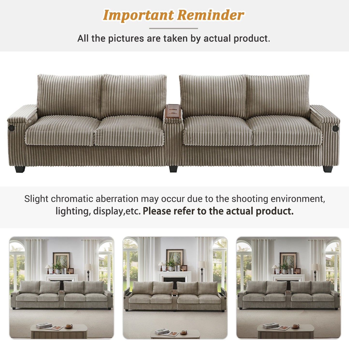 133 Corduroy 4-Seater Sofa with USB Ports, Flip-Top Cup Holders, and Hidden Storage