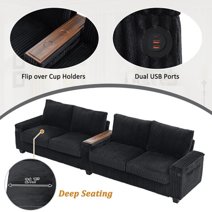 133 Corduroy 4-Seater Sofa with USB Ports, Flip-Top Cup Holders, and Hidden Storage
