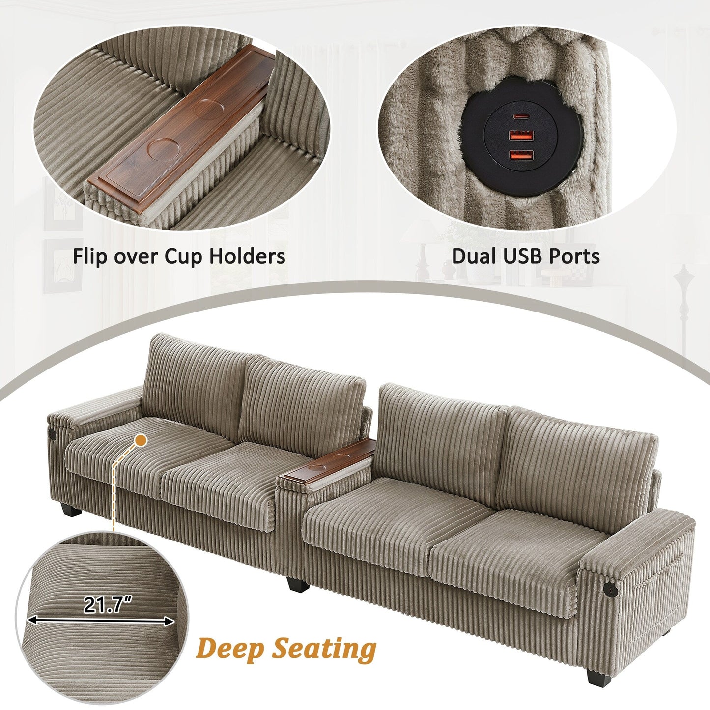 133 Corduroy 4-Seater Sofa with USB Ports, Flip-Top Cup Holders, and Hidden Storage