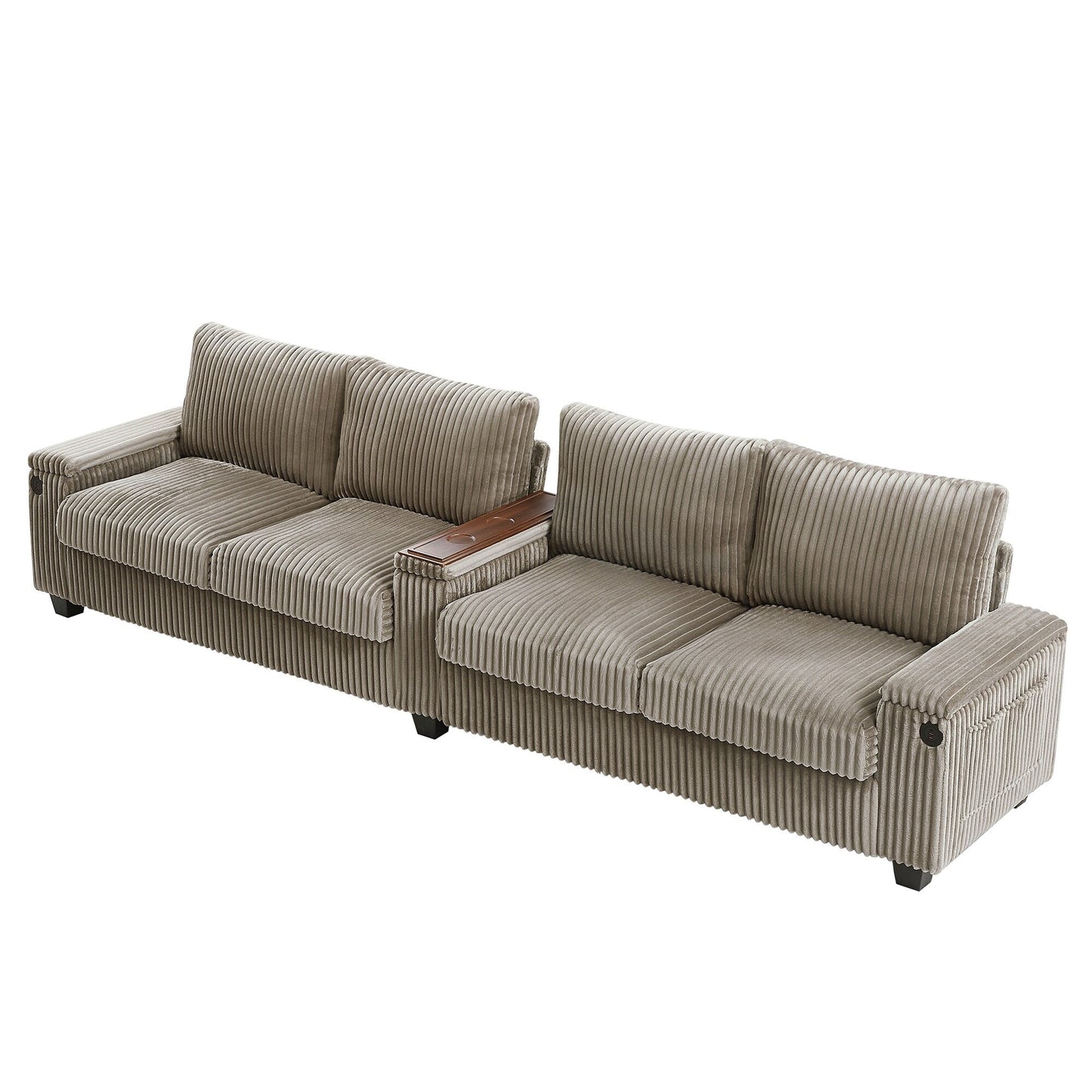 133 Corduroy 4-Seater Sofa with USB Ports, Flip-Top Cup Holders, and Hidden Storage