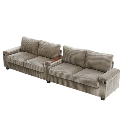 133 Corduroy 4-Seater Sofa with USB Ports, Flip-Top Cup Holders, and Hidden Storage