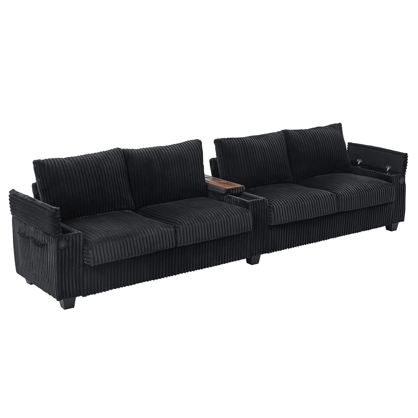 133 Corduroy 4-Seater Sofa with USB Ports, Flip-Top Cup Holders, and Hidden Storage