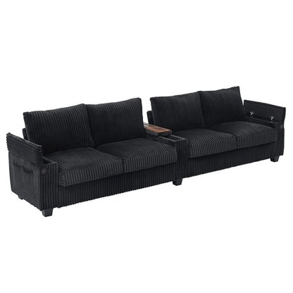 133 Corduroy 4-Seater Sofa with USB Ports, Flip-Top Cup Holders, and Hidden Storage
