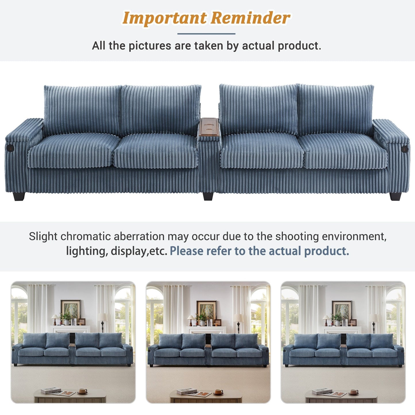 133 Corduroy 4-Seater Sofa with USB Ports, Flip-Top Cup Holders, and Hidden Storage