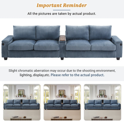 133 Corduroy 4-Seater Sofa with USB Ports, Flip-Top Cup Holders, and Hidden Storage