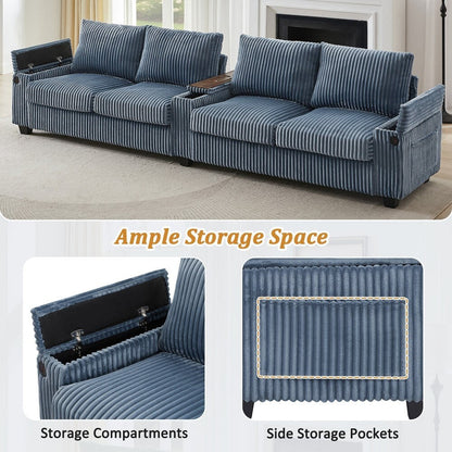 133 Modern 4-seater Corduroy Sofa Couch with USB Ports and Flip-top Cup Holders