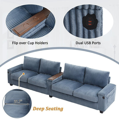 133 Modern 4-seater Corduroy Sofa Couch with USB Ports and Flip-top Cup Holders