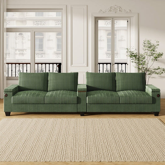 133 Modern 4-seater Corduroy Sofa Couch with USB Ports and Flip-top Cup Holders