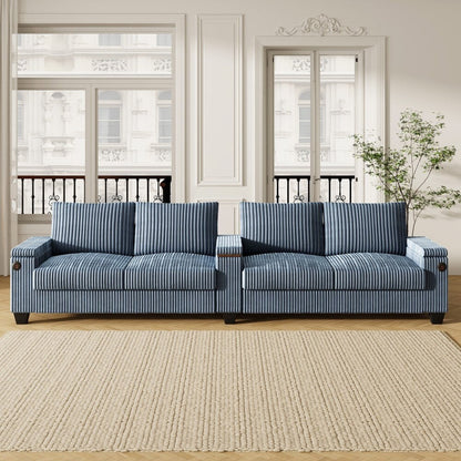 133 Modern 4-seater Corduroy Sofa Couch with USB Ports and Flip-top Cup Holders