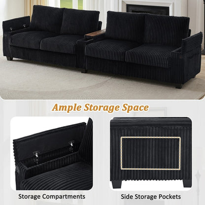133 Modern 4-seater Corduroy Sofa Couch with USB Ports and Flip-top Cup Holders