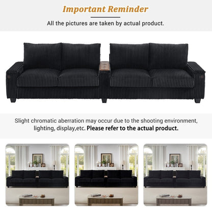 133 Modern 4-seater Corduroy Sofa Couch with USB Ports and Flip-top Cup Holders