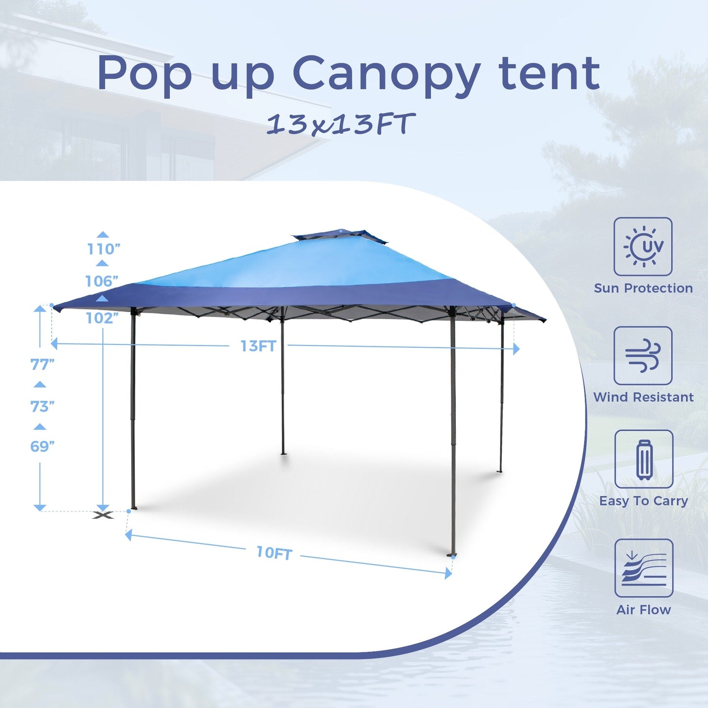 13' x 13' Outdoor-Überdachung, Terrassenpavillon, verstärktes Garten-Pop-up-Überdachungszelt mit elegantem Eckvorhang – 13 x 13 Fuß