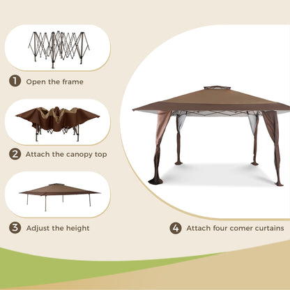13' x 13' Outdoor-Überdachung, Terrassenpavillon, verstärktes Garten-Pop-up-Überdachungszelt mit elegantem Eckvorhang – 13 x 13 Fuß