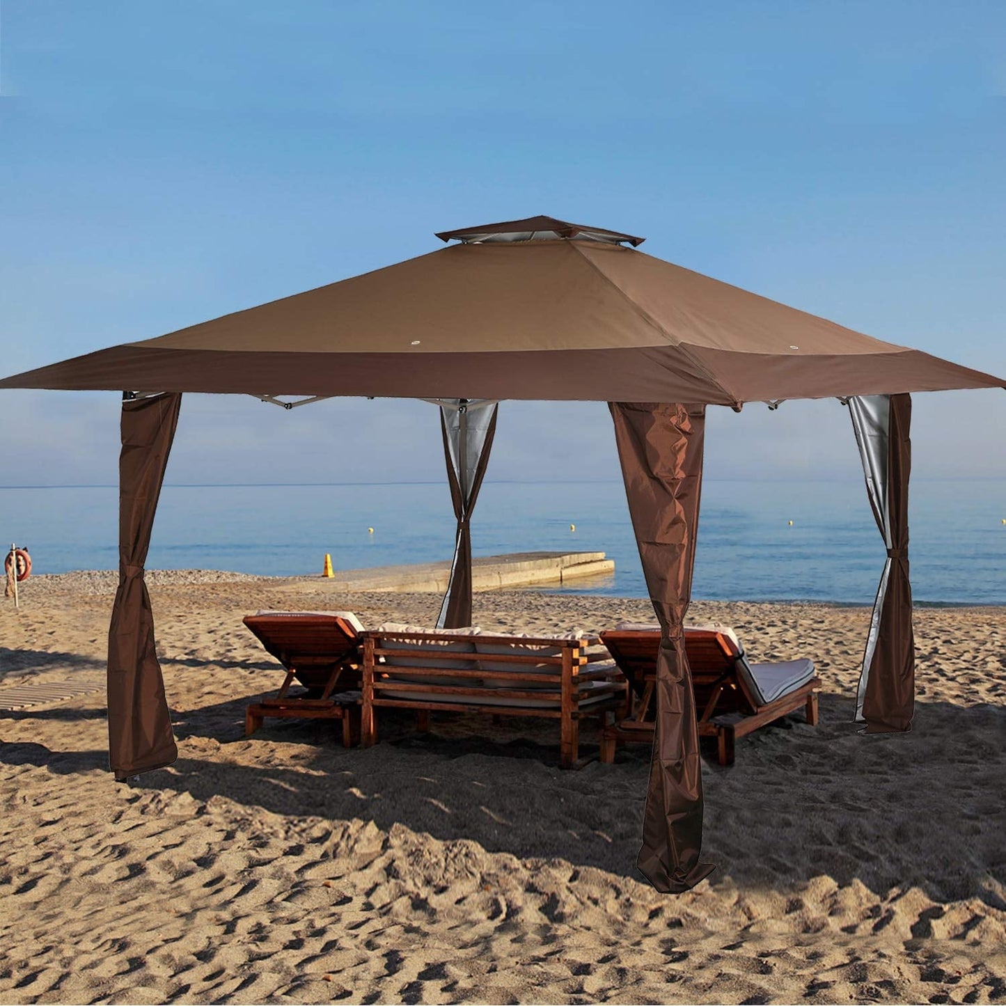 13' x 13' Outdoor-Überdachung, Terrassenpavillon, verstärktes Garten-Pop-up-Überdachungszelt mit elegantem Eckvorhang – 13 x 13 Fuß
