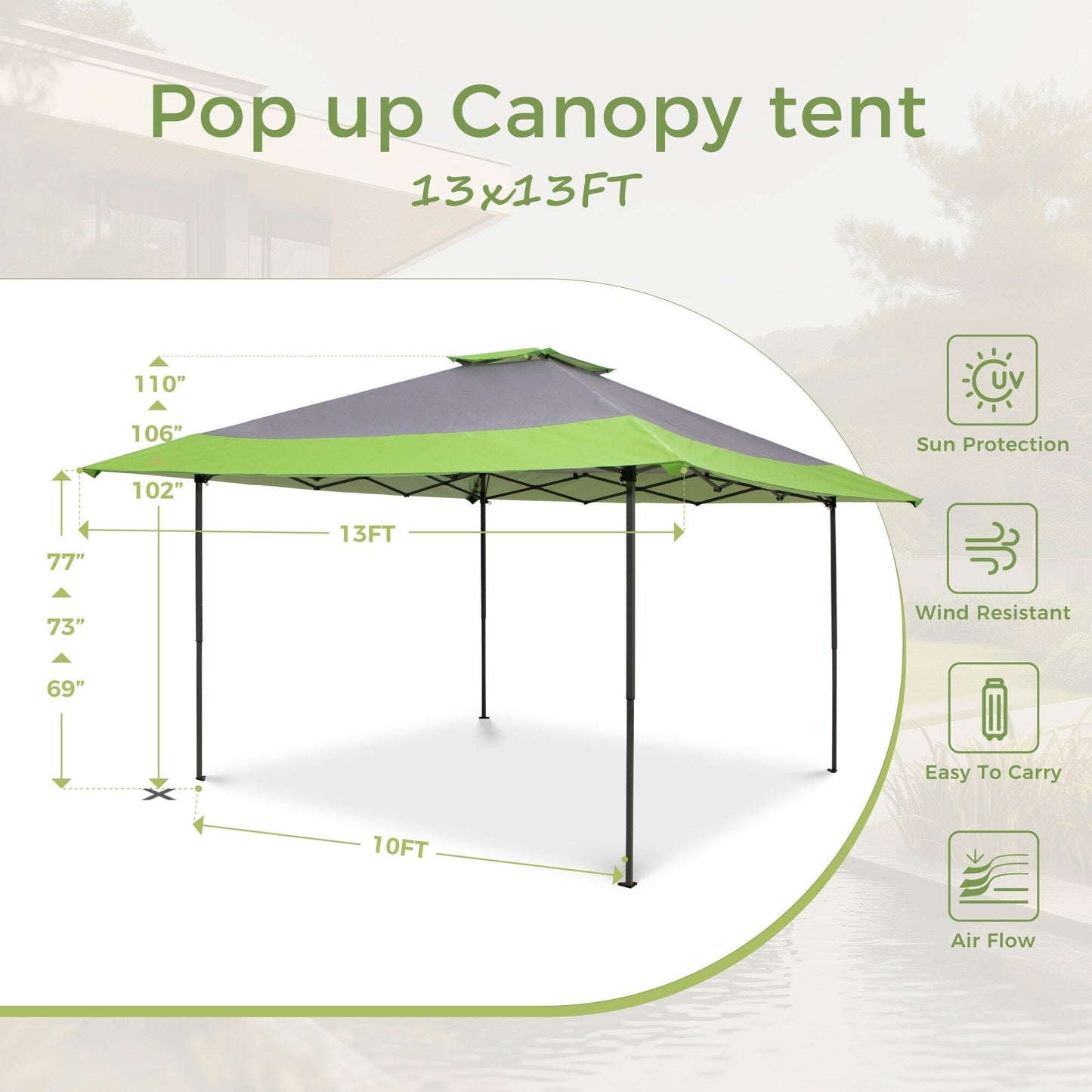 13' x 13' Outdoor-Überdachung, Terrassenpavillon, verstärktes Garten-Pop-up-Überdachungszelt mit elegantem Eckvorhang – 13 x 13 Fuß